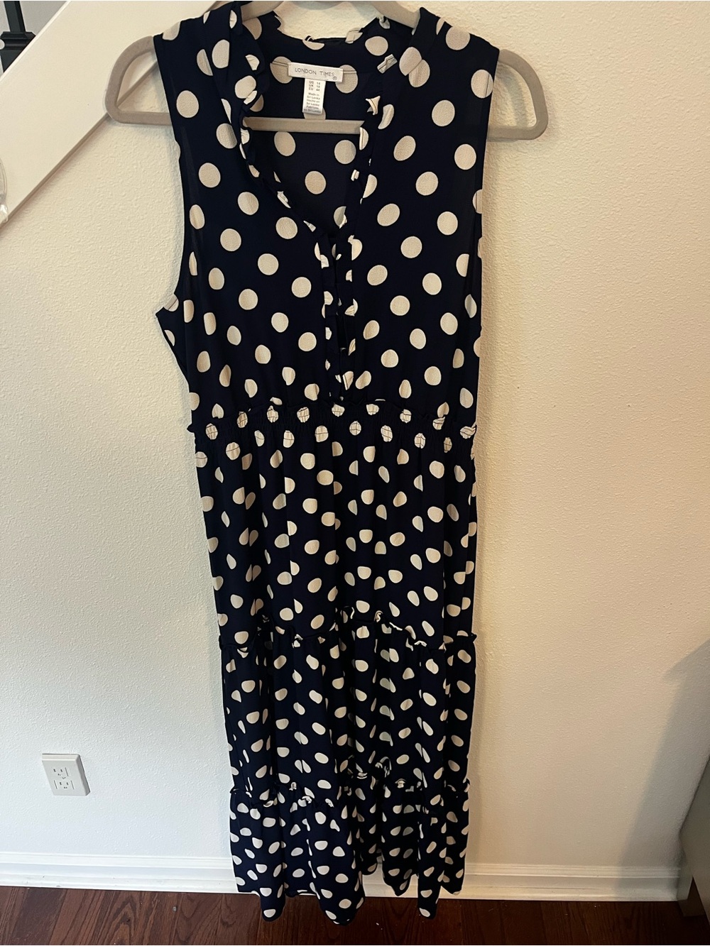 London Times Navy and White Polka Dot Sleeveless Maxi Dress